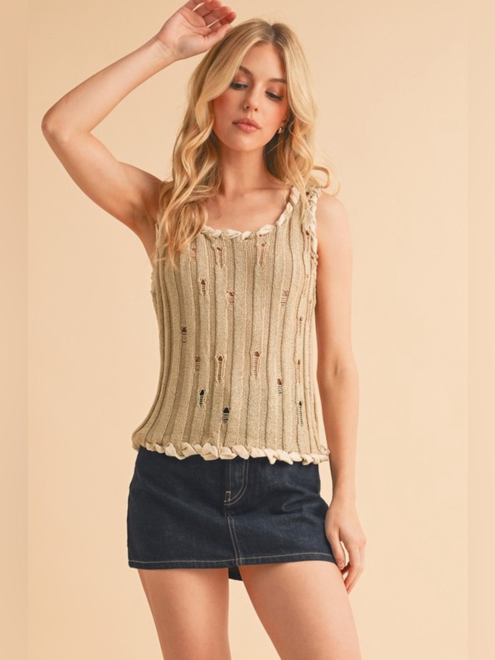 Aemi+Co Distressed Detail Round Neck Knit Tank